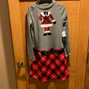 NWTPink & Violet Long sleeve Christmas Dress w/ Sequin santa plaid skirt G 14/16